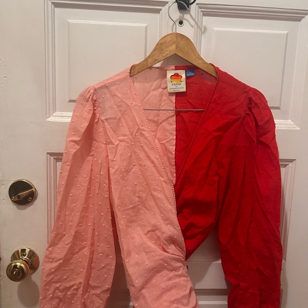 FARM Rio Asymmetrical Pink and Red Button Down Blouse